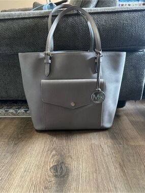 Michael Kors Gray Saffiano Tote with Front Pocket and MK Charm